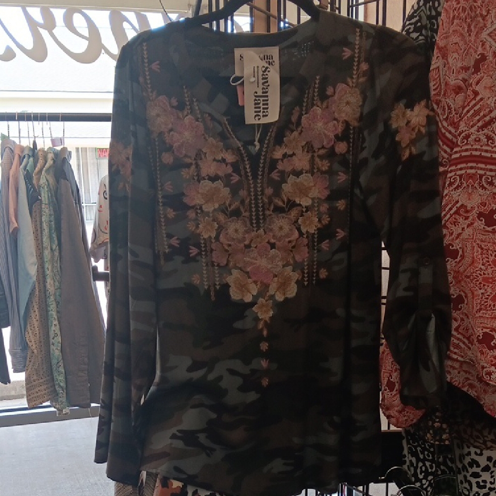 Savanna Jane Floral Embroidered Camo Top